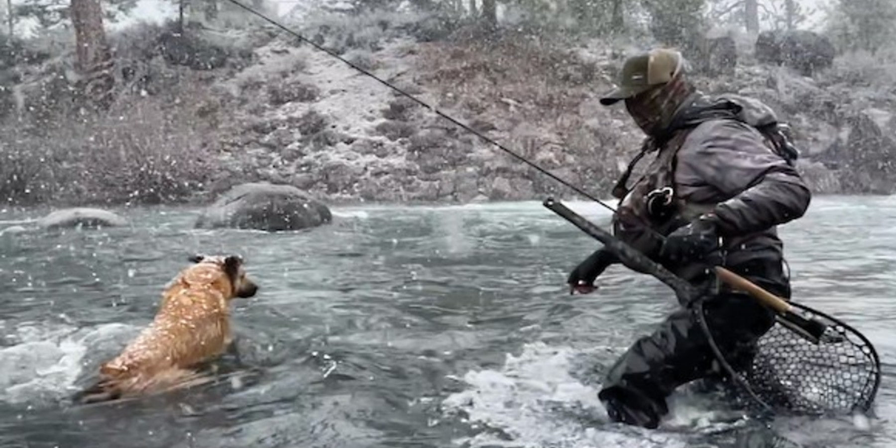Success on the Fly Part 2 Jeff Sasaki and his four-legged pal, Winston the amazing k9, brave the snow to get in some casts on the Truckee River, photo courtesy Mavrk